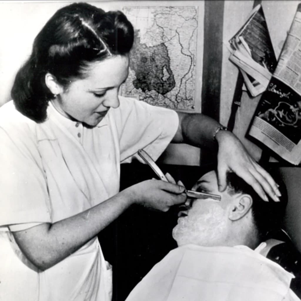 Historical black-and-white wet shaving photograph